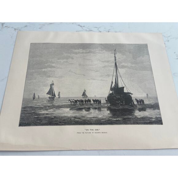 On The Ebb, Hendrik Mesdag, Sailboats on Seashore, Book Page, 1888 - Picture 1 of 1